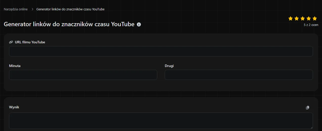 Narzędzie Generator linków do znaczników czasu YouTube w serwisie digily.link wraz z formularzem wprowadzania danych