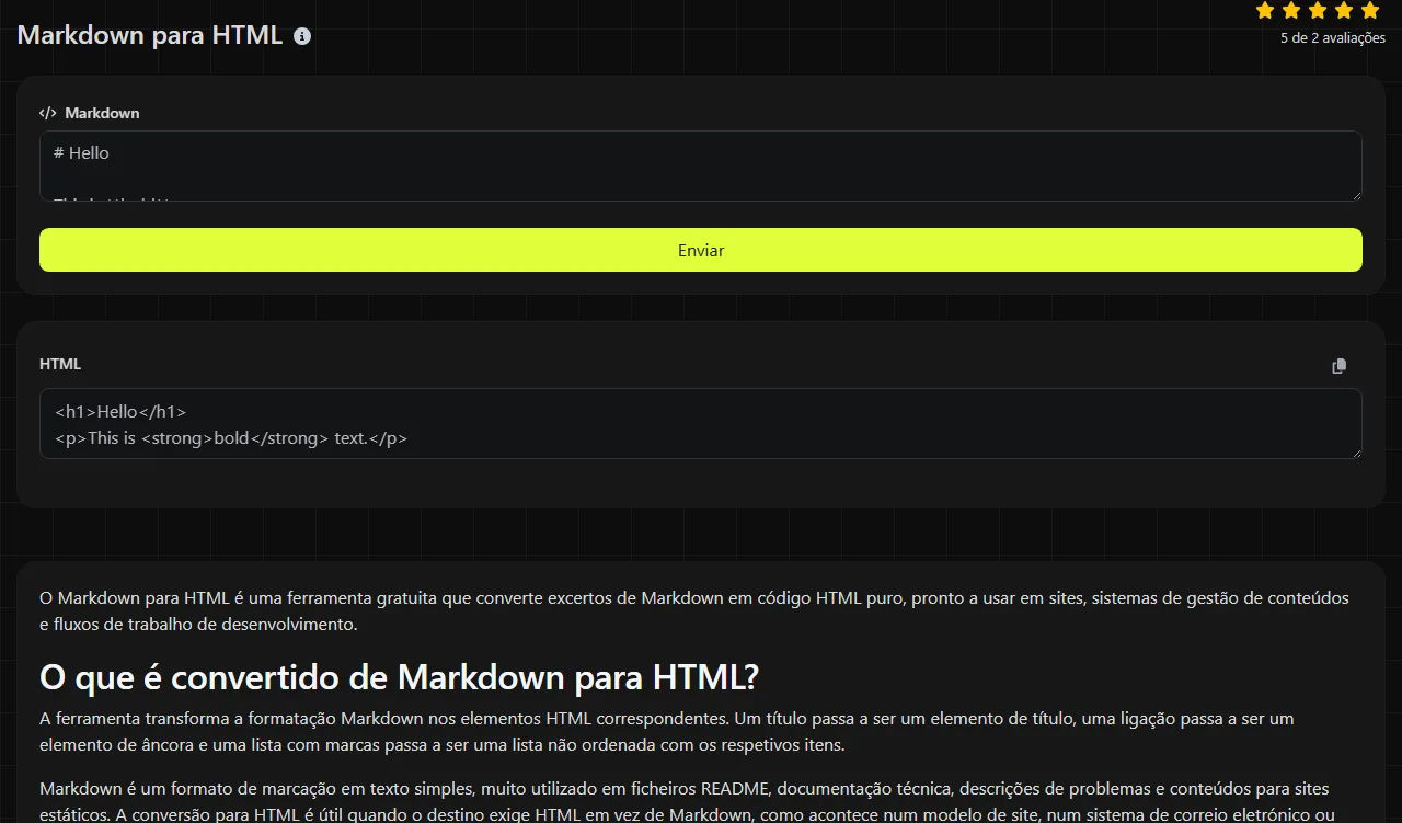 Exemplo de resultado produzido pela ferramenta Markdown para HTML