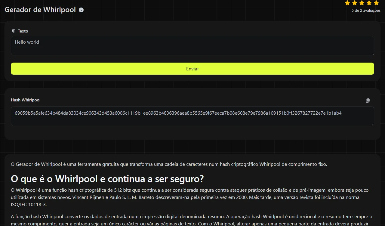 Exemplo de resultado produzido pela ferramenta Gerador de Whirlpool