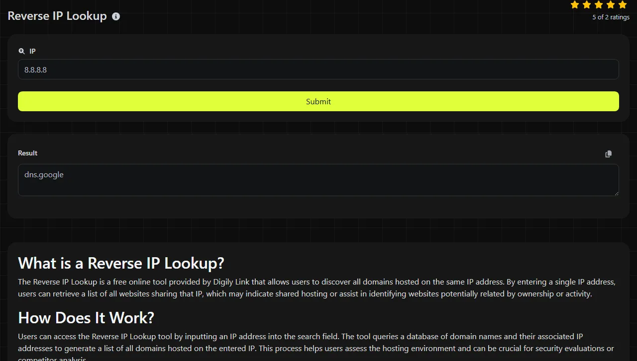 Example result produced by the Reverse IP Lookup tool