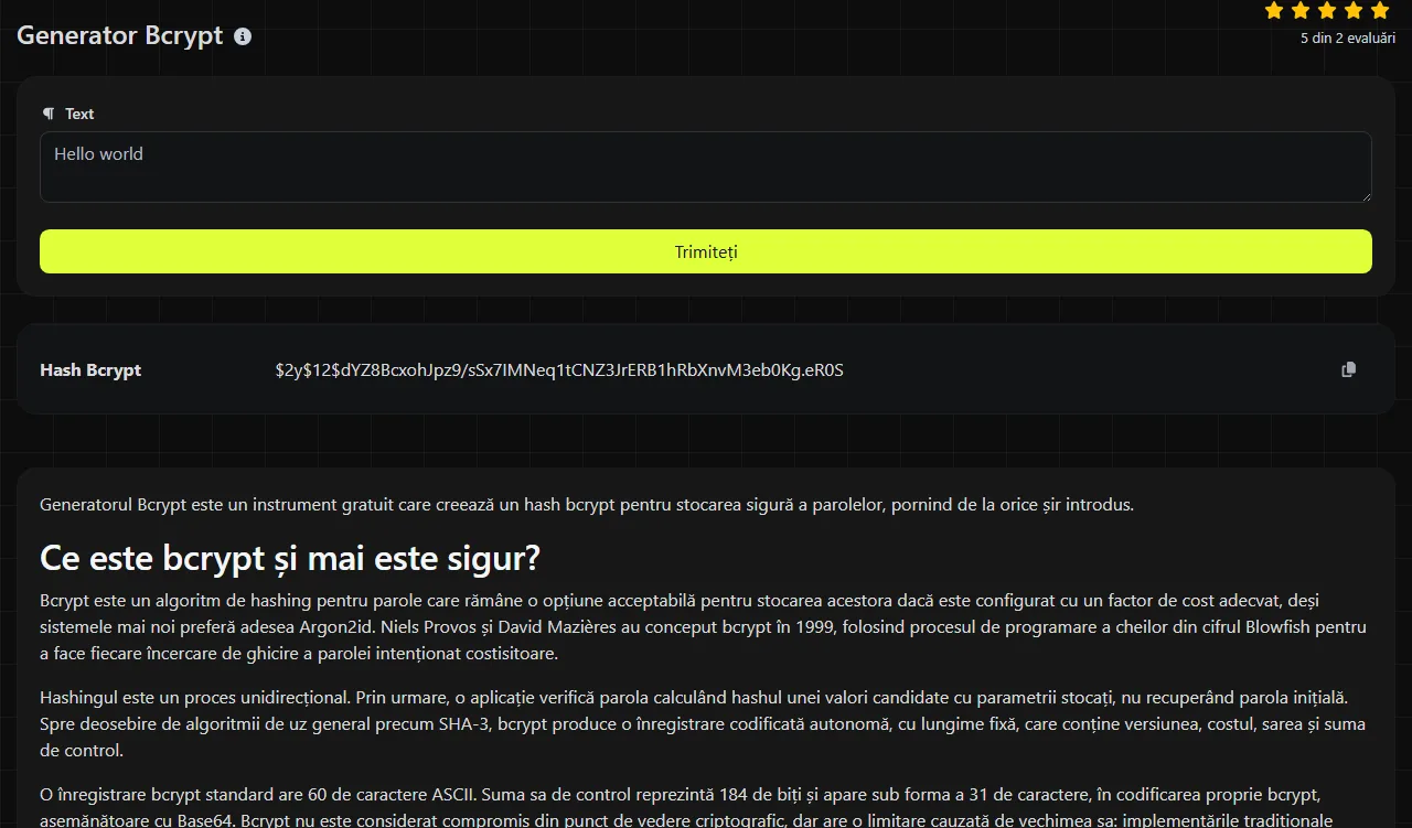 Exemplu de rezultat produs de instrumentul Generator Bcrypt