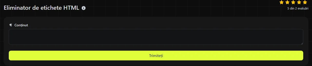 Instrumentul Eliminator de etichete HTML pe digily.link, cu formularul său de introducere