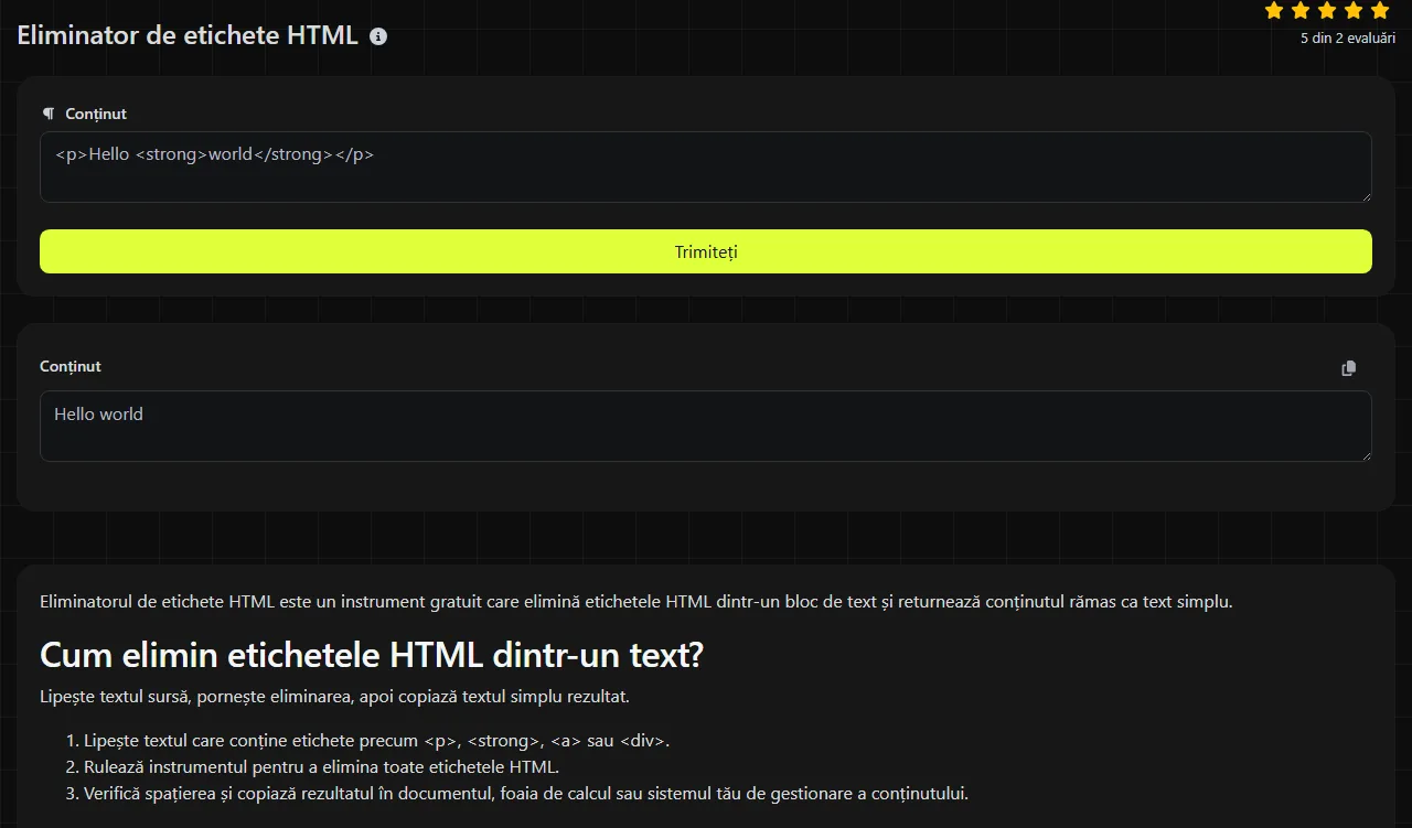 Exemplu de rezultat produs de instrumentul Eliminator de etichete HTML