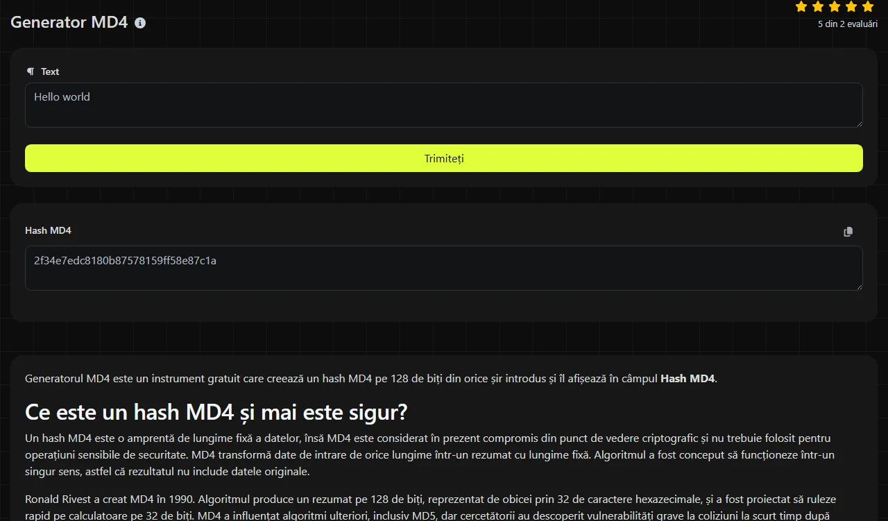 Exemplu de rezultat produs de instrumentul Generator MD4