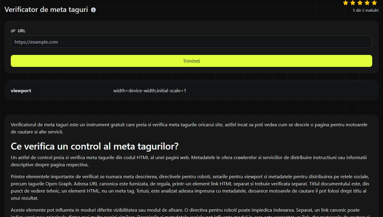Exemplu de rezultat produs de instrumentul Verificator de meta taguri