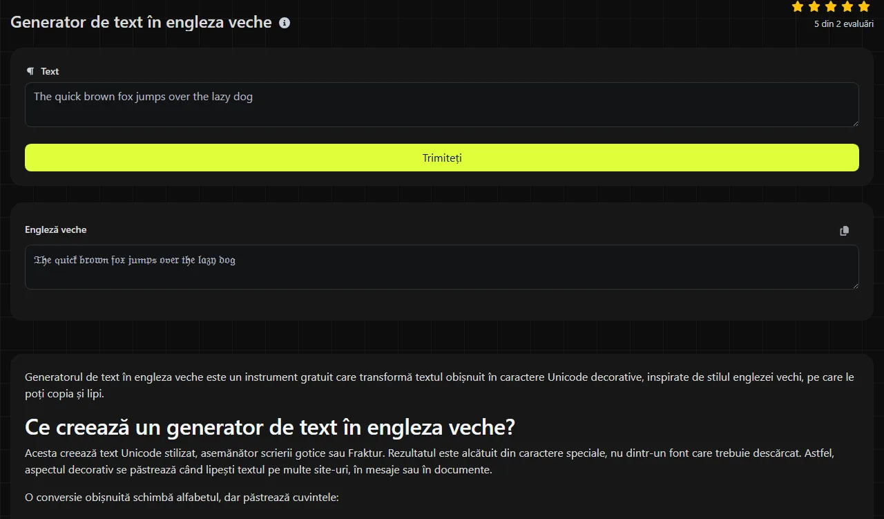 Exemplu de rezultat produs de instrumentul Generator de text în engleza veche