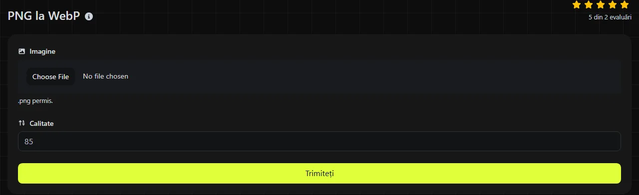 Instrumentul PNG la WebP pe digily.link, cu formularul său de introducere