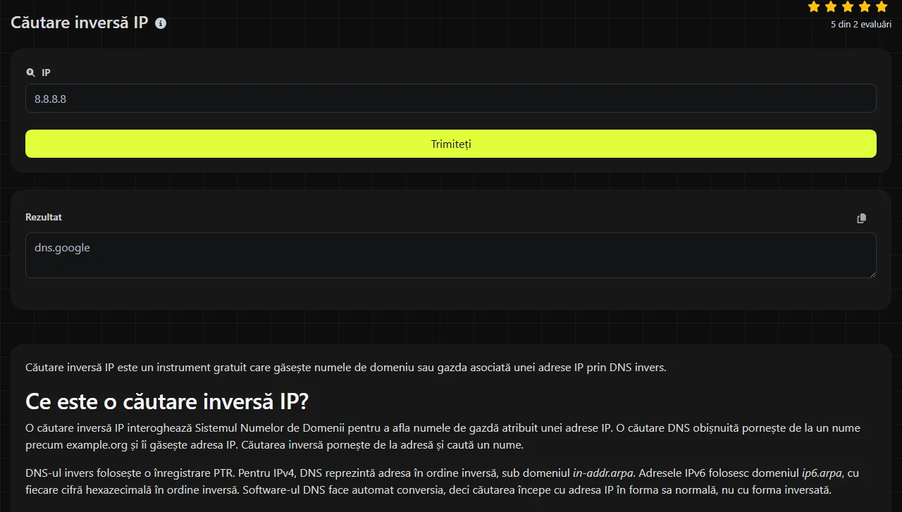 Exemplu de rezultat produs de instrumentul Căutare inversă IP