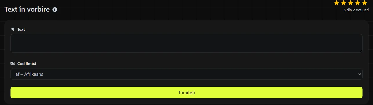 Instrumentul Text în vorbire pe digily.link, cu formularul său de introducere