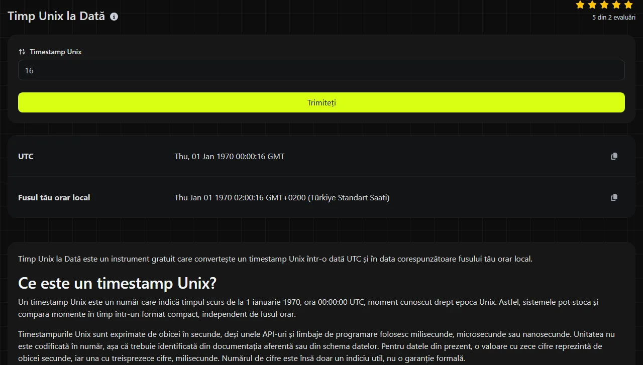 Exemplu de rezultat produs de instrumentul Timp Unix la Dată