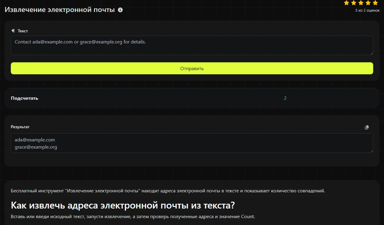 Пример результата работы инструмента Извлечение электронной почты
