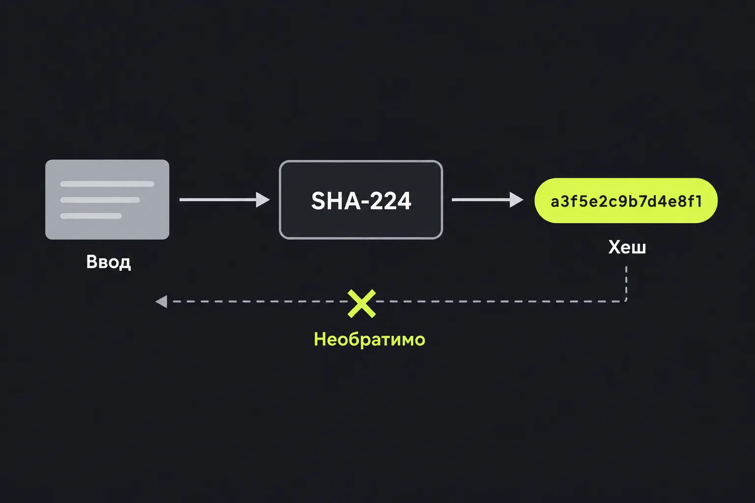 Схема: входной текст проходит через функцию SHA-224 и даёт хеш фиксированной длины, который нельзя обратить