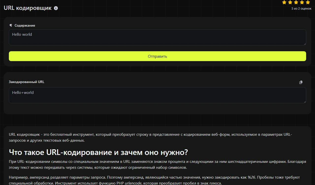 Пример результата работы инструмента URL кодировщик