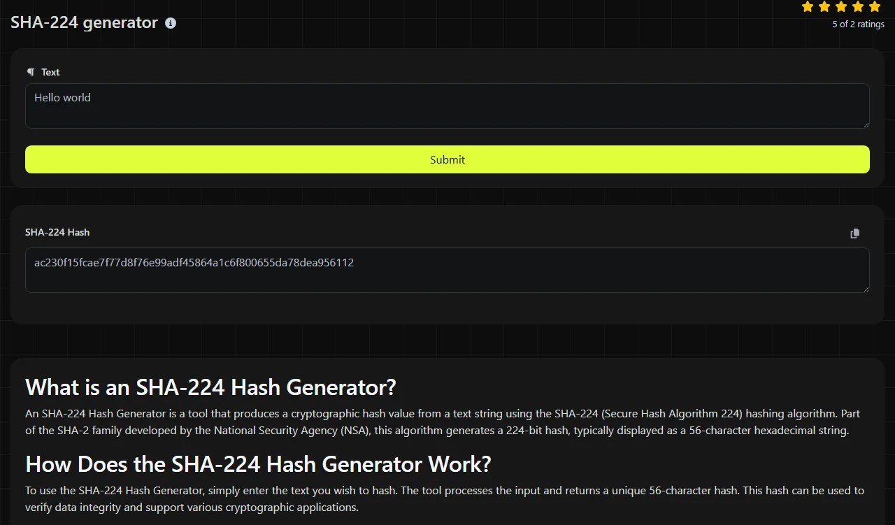 Example result produced by the SHA-224 generator tool