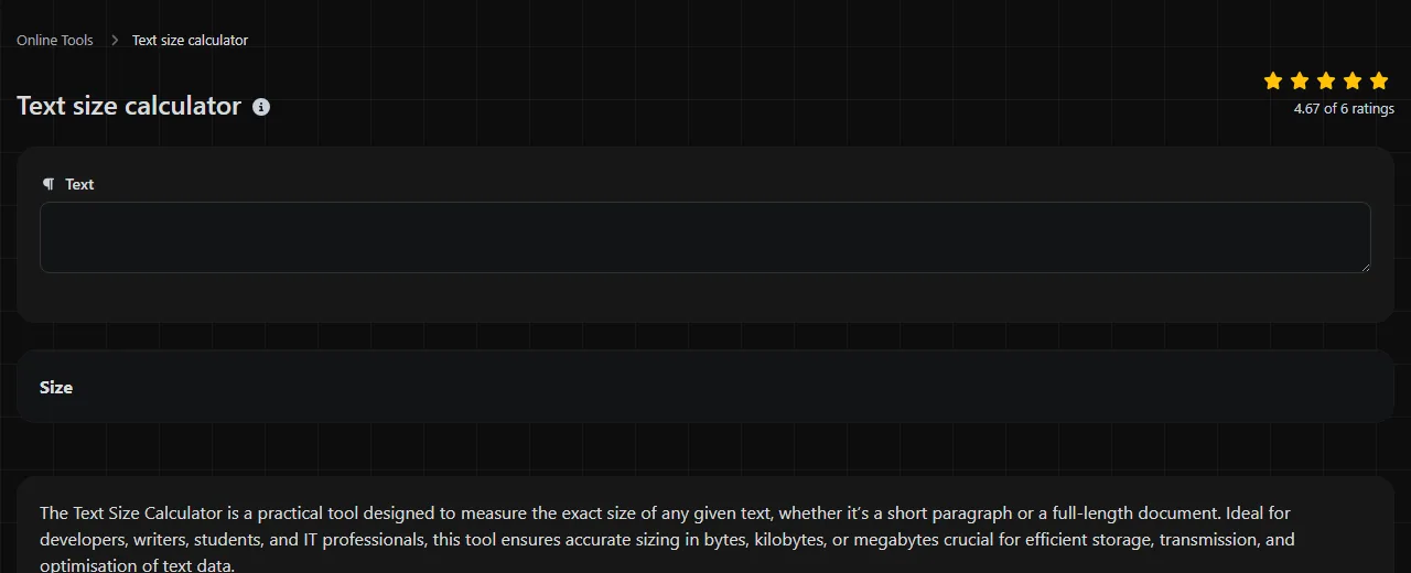 The Text size calculator tool on digily.link, showing its input form
