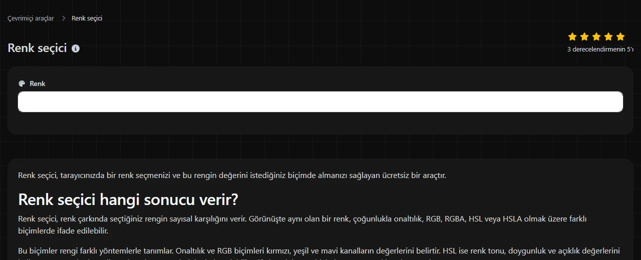 digily.link üzerindeki Renk seçici aracı ve giriş formu