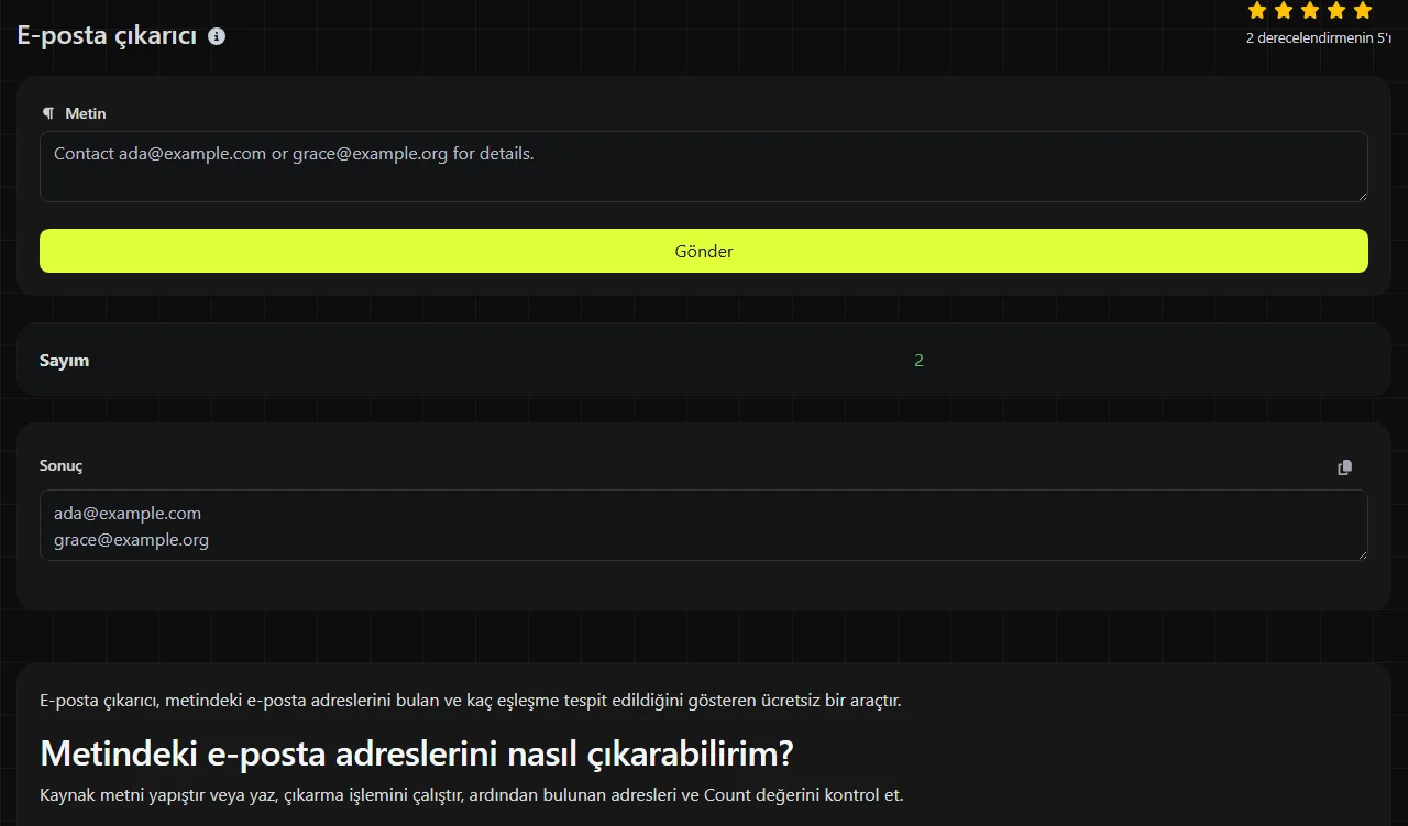 E-posta çıkarıcı aracının ürettiği örnek sonuç