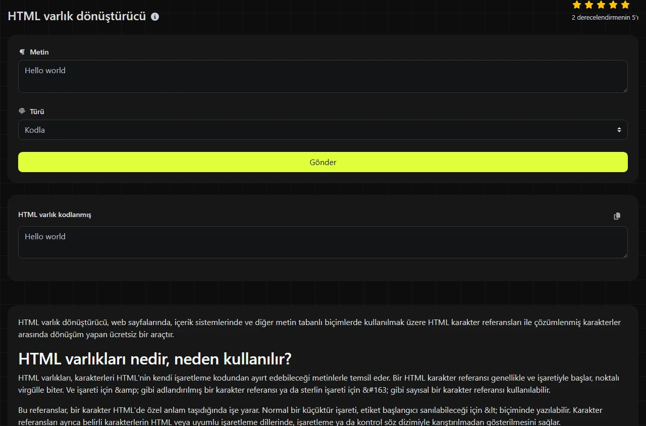 HTML varlık dönüştürücü aracının ürettiği örnek sonuç