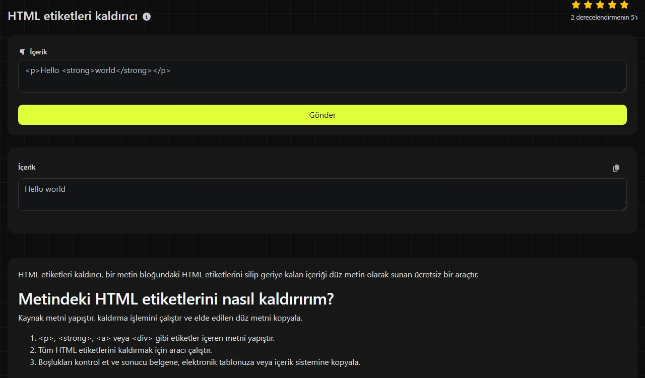 HTML etiketleri kaldırıcı aracının ürettiği örnek sonuç