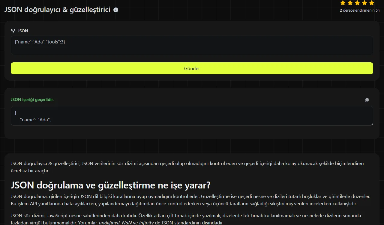 JSON doğrulayıcı & güzelleştirici aracının ürettiği örnek sonuç