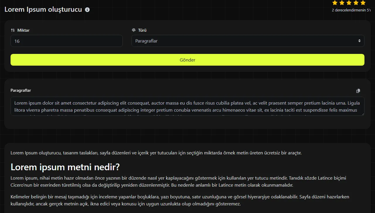 Lorem Ipsum oluşturucu aracının ürettiği örnek sonuç