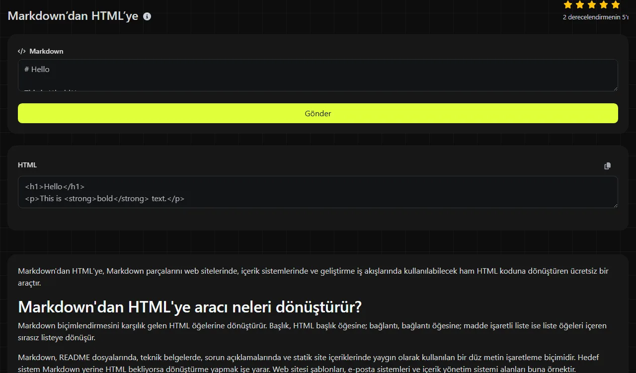 Markdown'dan HTML'ye aracının ürettiği örnek sonuç