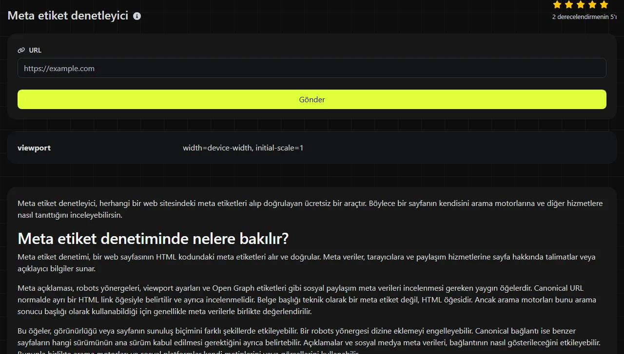 Meta etiket denetleyici aracının ürettiği örnek sonuç
