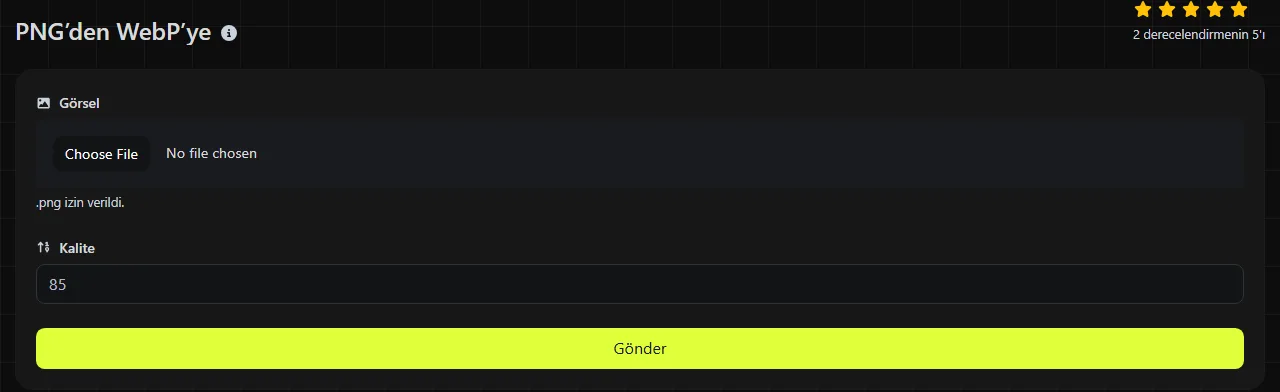 digily.link üzerindeki PNG'den WebP'ye aracı ve giriş formu