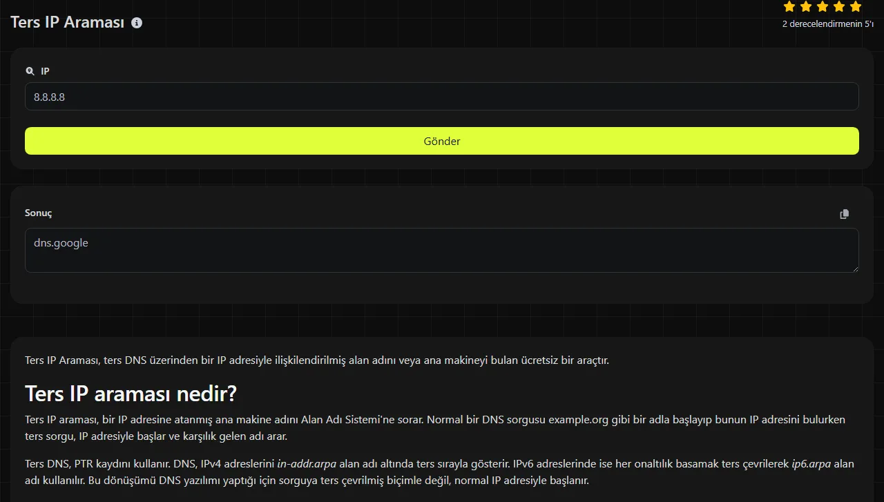 Ters IP Araması aracının ürettiği örnek sonuç