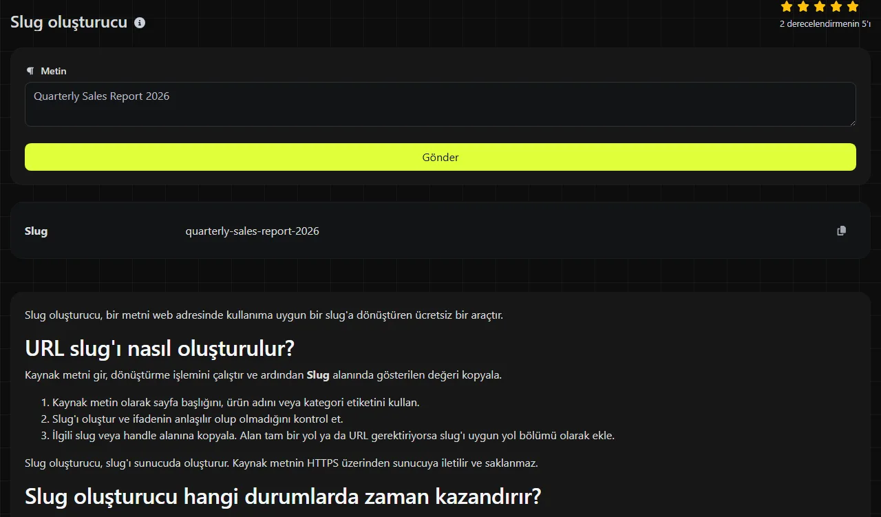 Slug oluşturucu aracının ürettiği örnek sonuç