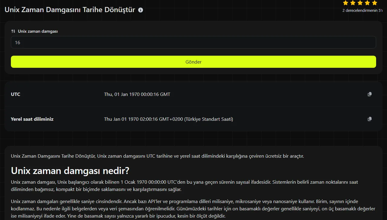 Unix Zaman Damgasını Tarihe Dönüştür aracının ürettiği örnek sonuç