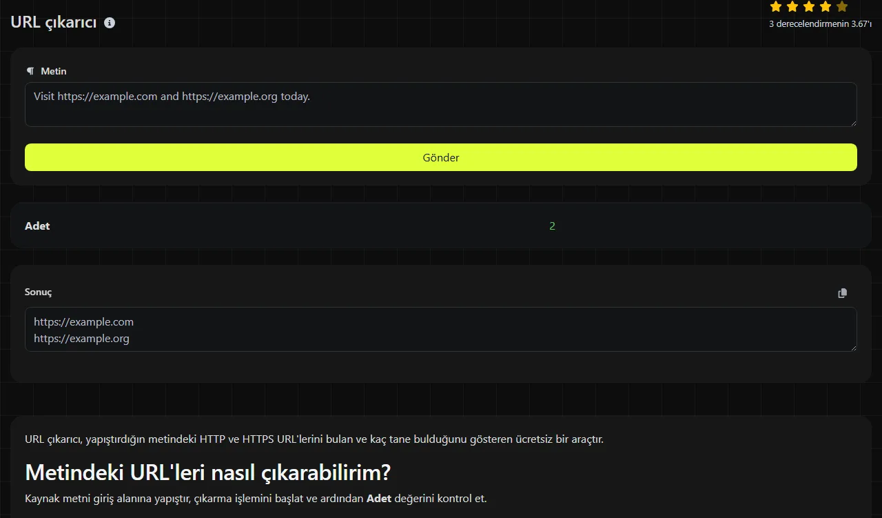URL çıkarıcı aracının ürettiği örnek sonuç