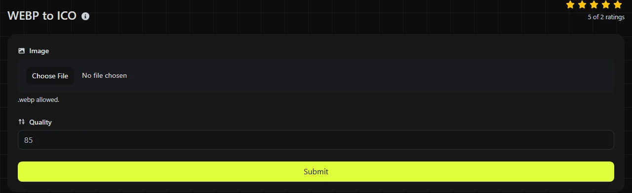 The WebP to ICO tool on digily.link, showing its input form