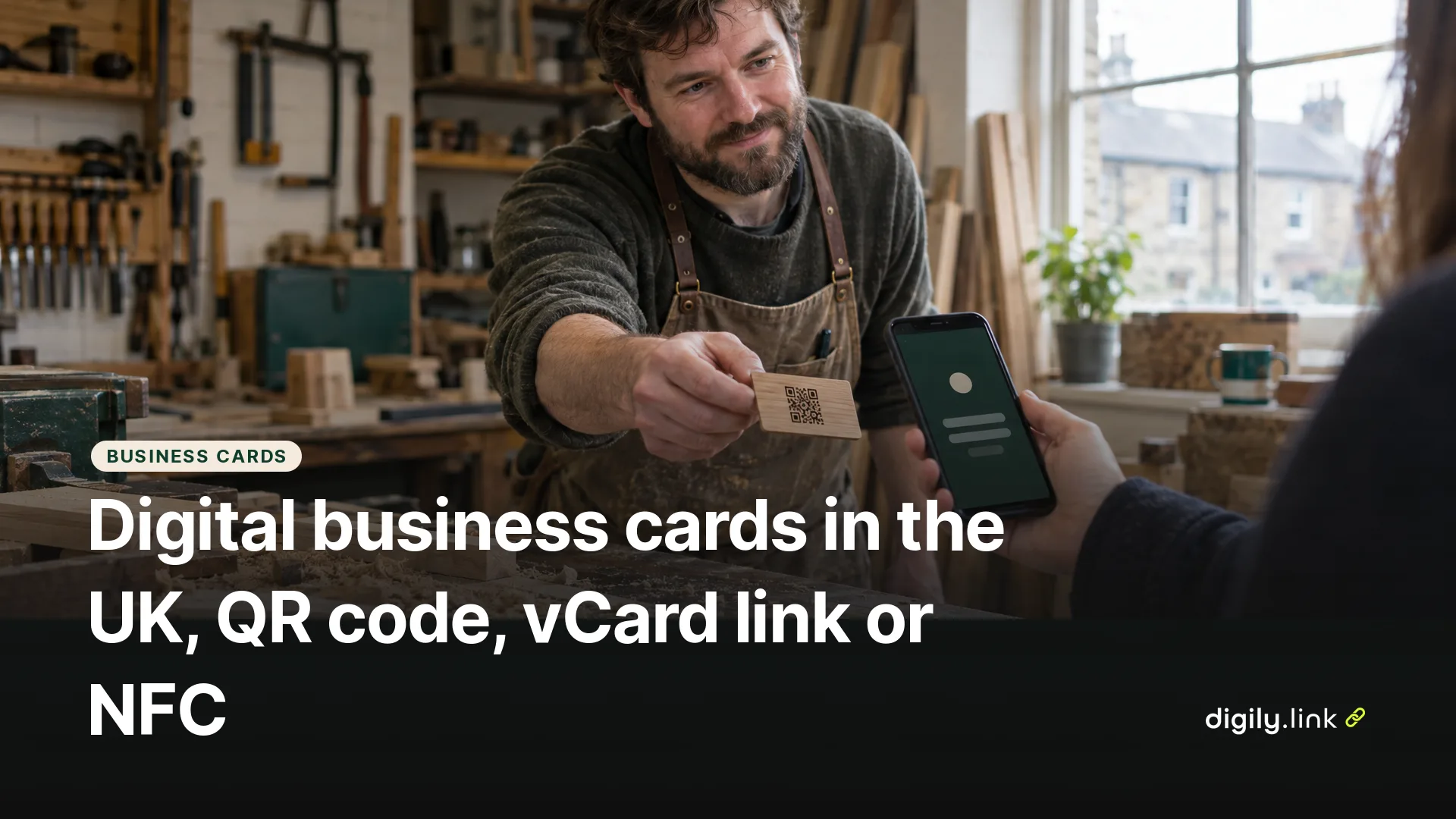 A joiner holding out a business card with a QR code towards a customer's phone in a workshop