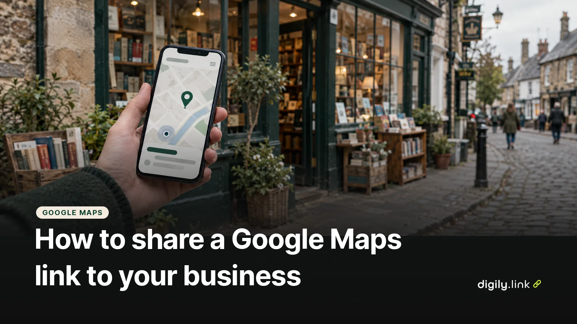 A phone showing a map pin in front of an independent bookshop on a British high street