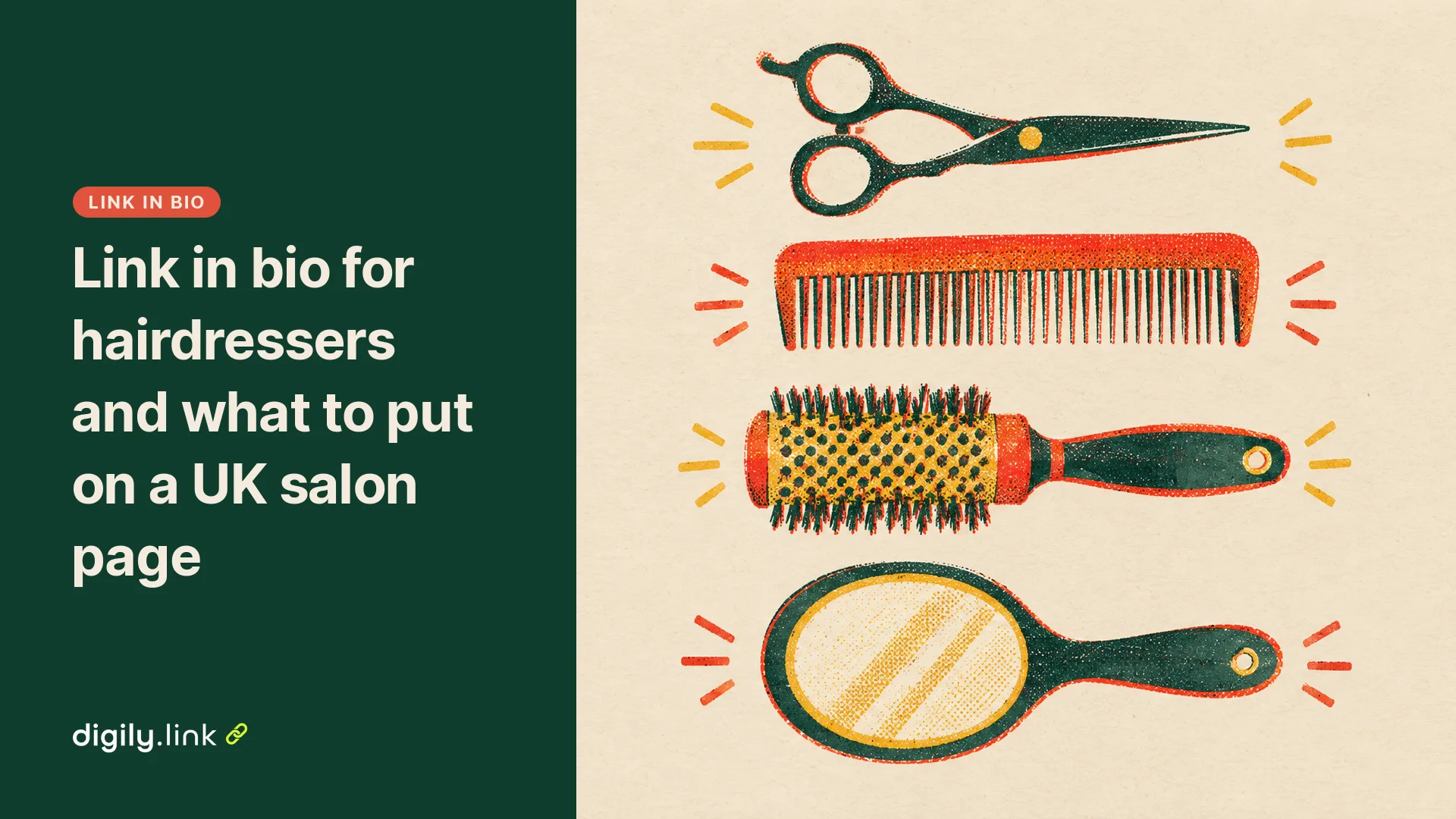 Risograph print of salon scissors, comb, brush and mirror arranged in a column