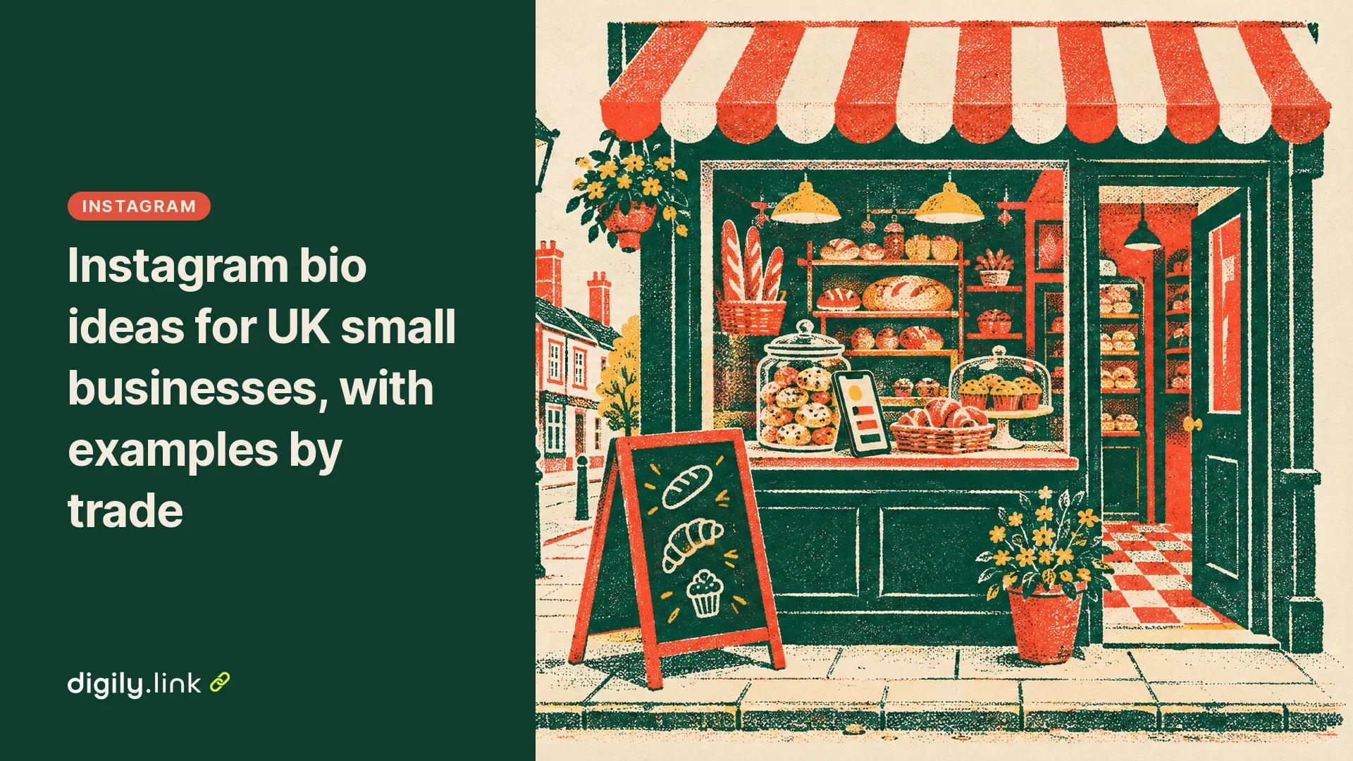 A risograph illustration of a bakery shopfront with a chalkboard sign by the door