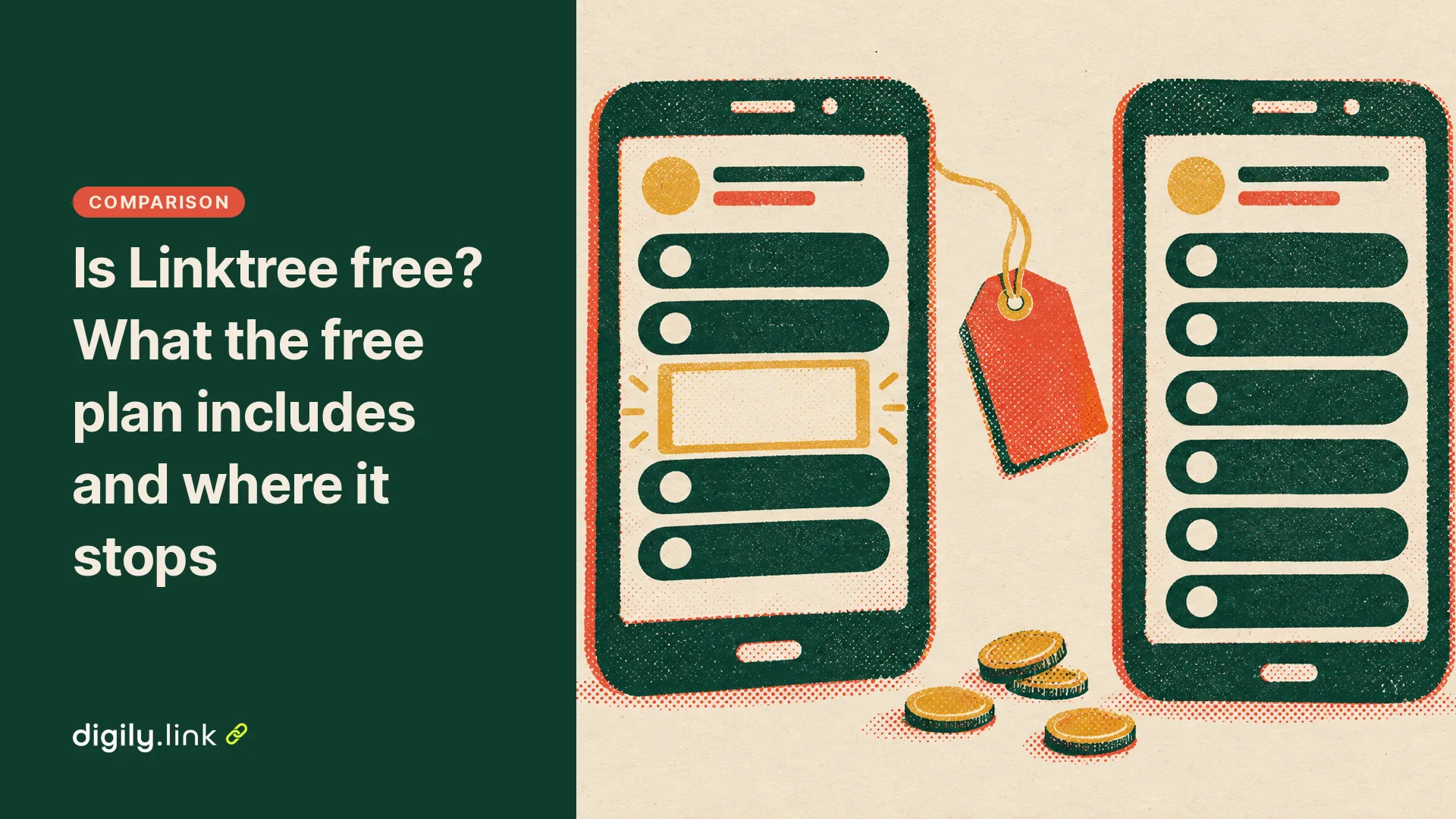 Risograph illustration of two phone screens, one with an advert between links and one with clean link buttons