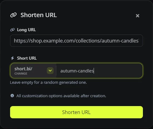 The Shorten URL window in Digily Link with a long shop address pasted in, short.bi selected as the domain and autumn-candles typed as the short name