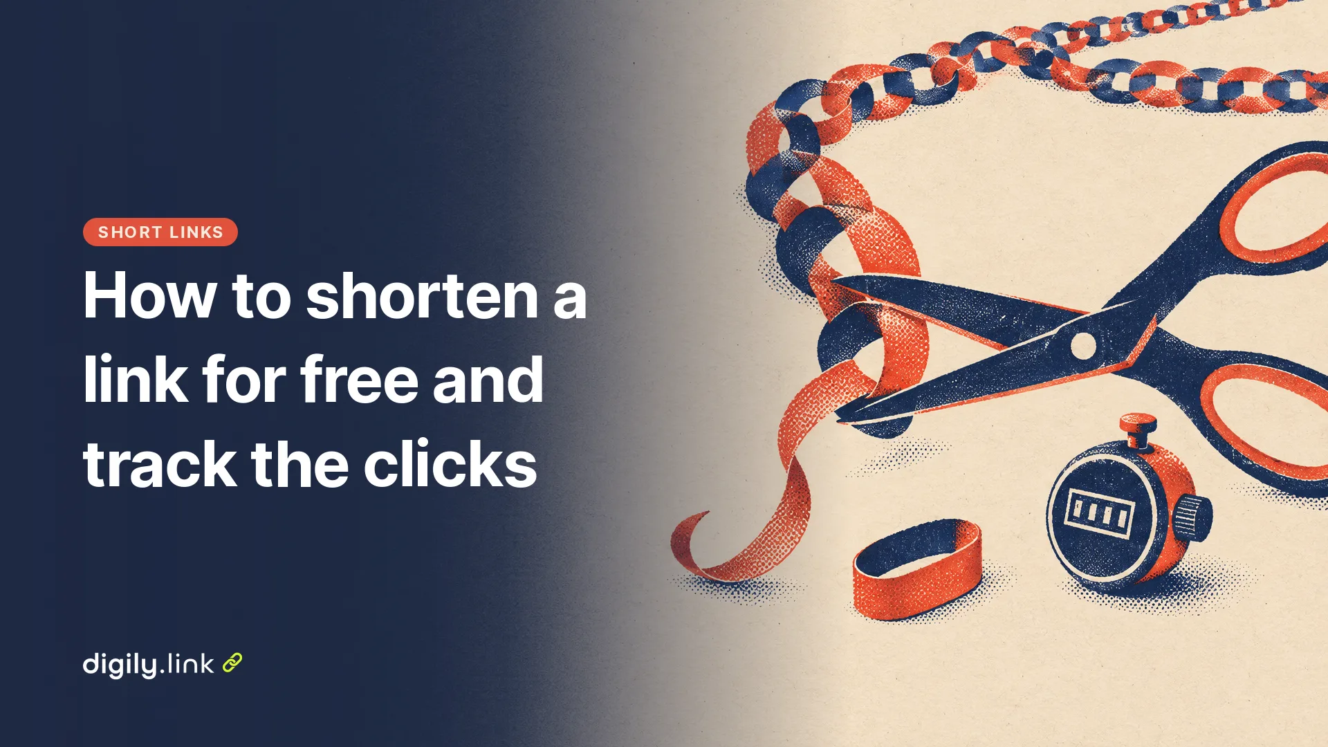 Risograph illustration of scissors cutting a long chain of links into one short link