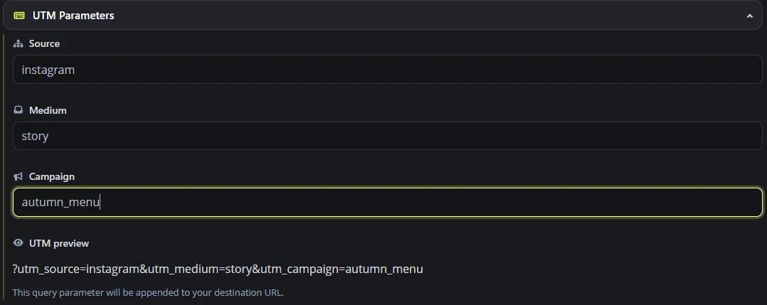 The UTM Parameters section of a Digily Link short link, with instagram as the source, story as the medium and autumn_menu as the campaign, and a preview of the query string