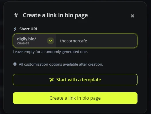 The Create a link in bio page window in Digily Link, with digily.bio selected as the domain and thecornercafe typed as the short address
