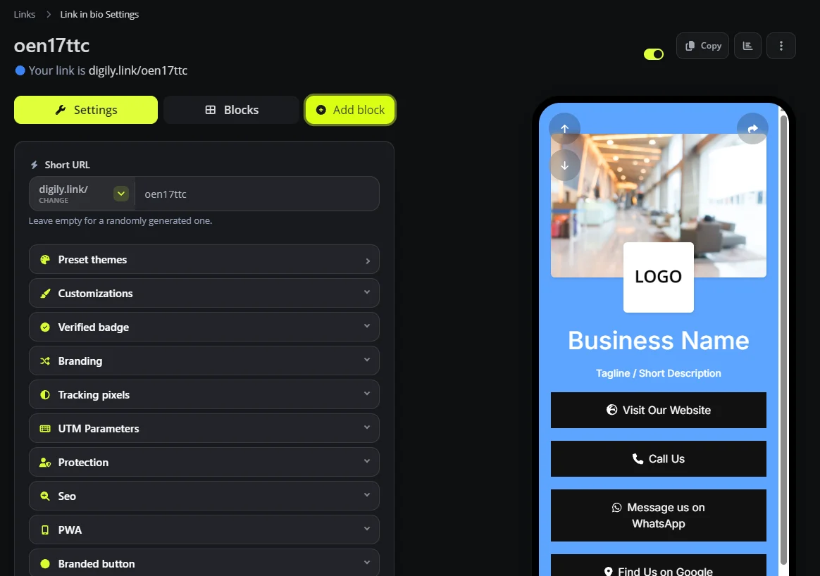 The Digily Link bio page editor with settings on the left and a phone preview on the right showing buttons for website, call, WhatsApp and Google