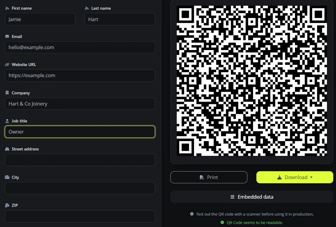 The Digily Link QR code creator with the Vcard type selected, example contact details for Jamie Hart of Hart and Co Joinery filled in, and a live QR code preview marked as readable